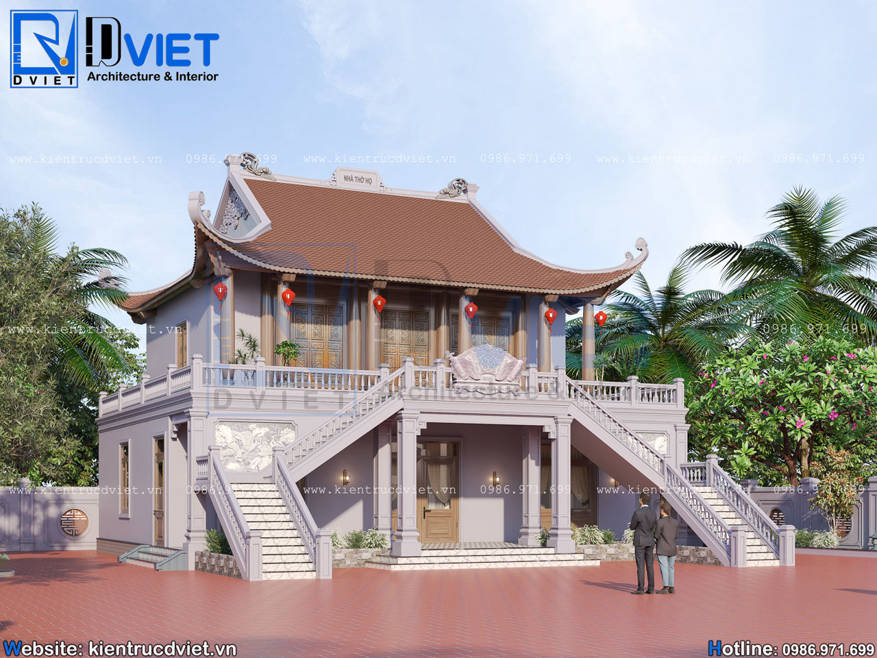 thiết kế nhà thờ họ (từ đường) 2 tầng 3 gian 4 mái đao bê tông giả gỗ 14x15,8m kết hợp ở tại Bắc Giang (4)