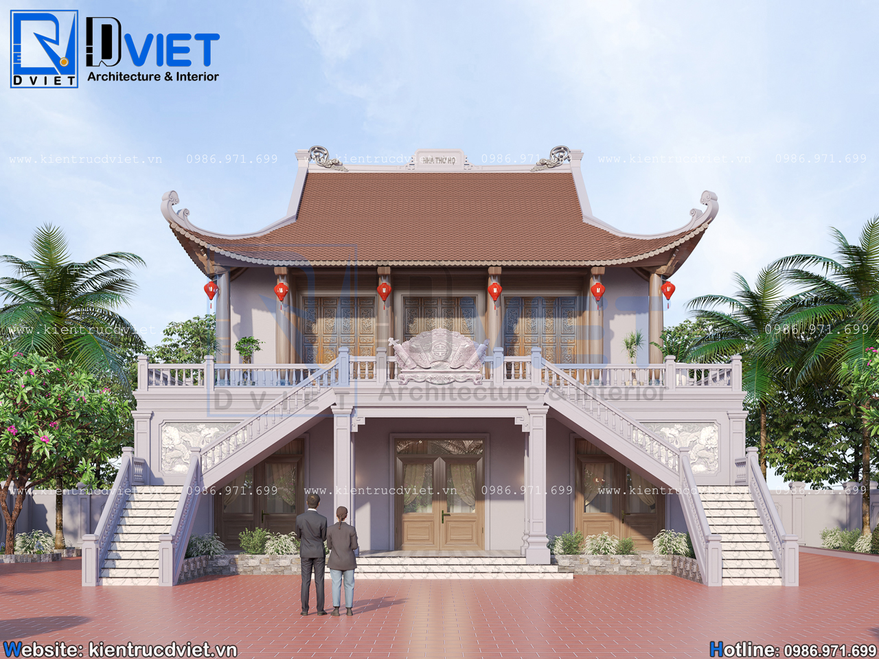 thiết kế nhà thờ họ (từ đường) 2 tầng 3 gian 4 mái đao bê tông giả gỗ 14x15,8m kết hợp ở tại Bắc Giang (5)