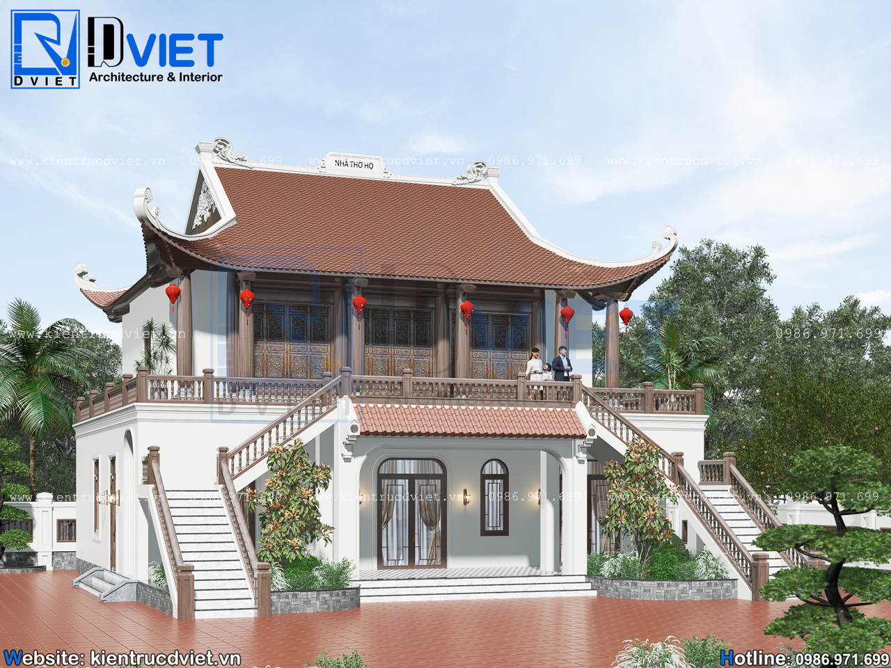 thiết kế nhà thờ họ (từ đường) 2 tầng 3 gian 4 mái kết hợp ở 14x13m tại Nghệ An (3)