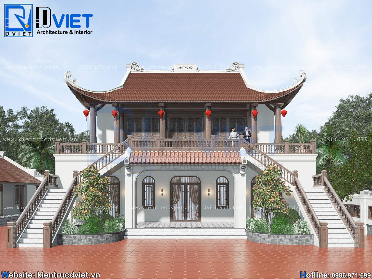 thiết kế nhà thờ họ (từ đường) 2 tầng 3 gian 4 mái kết hợp ở 14x13m tại Nghệ An (5)