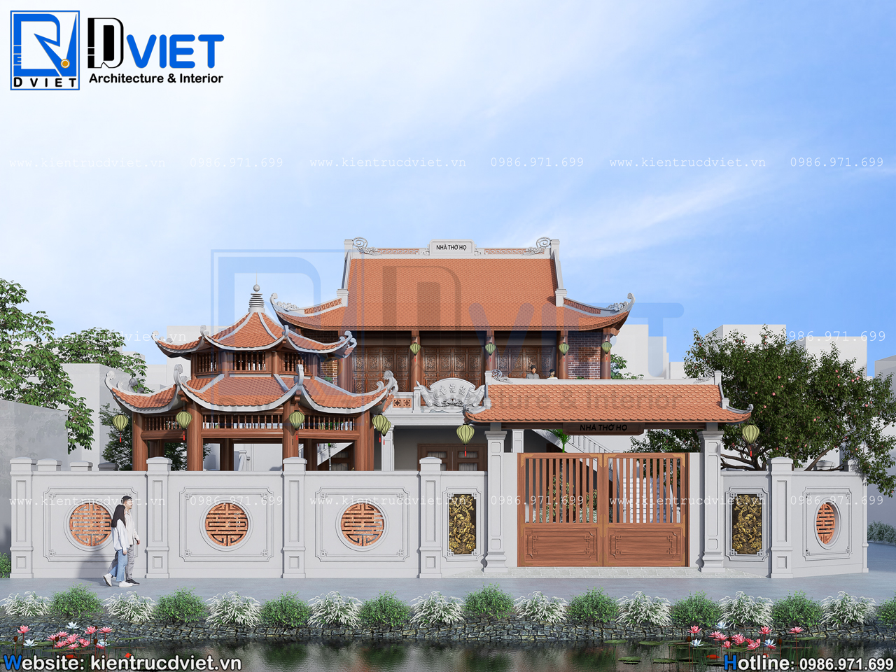 Thiết kế nhà thờ họ (từ đường) 2 tầng 3 gian 4 mái 14x15m kết hợp ở bê tông giả gỗ tại tỉnh Hà Nam (3)