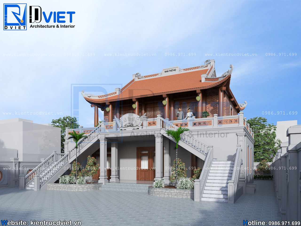 Thiết kế nhà thờ họ (từ đường) 2 tầng 3 gian 4 mái 14x15m kết hợp ở bê tông giả gỗ tại tỉnh Hà Nam (5)