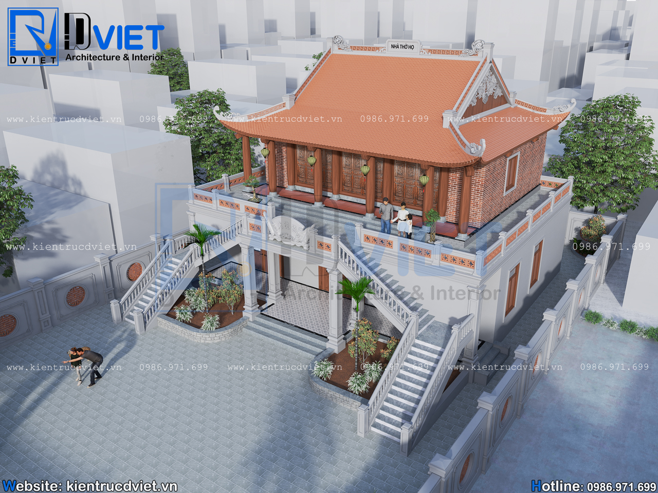 Thiết kế nhà thờ họ (từ đường) 2 tầng 3 gian 4 mái 14x15m kết hợp ở bê tông giả gỗ tại tỉnh Hà Nam (6)