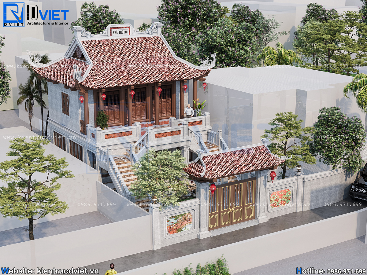 Thiết kế nhà thờ họ (từ đường) 2 tầng 3 gian 4 mái mặt tiền 8x9m tại quận Tây Hồ - Hà Nội (1)