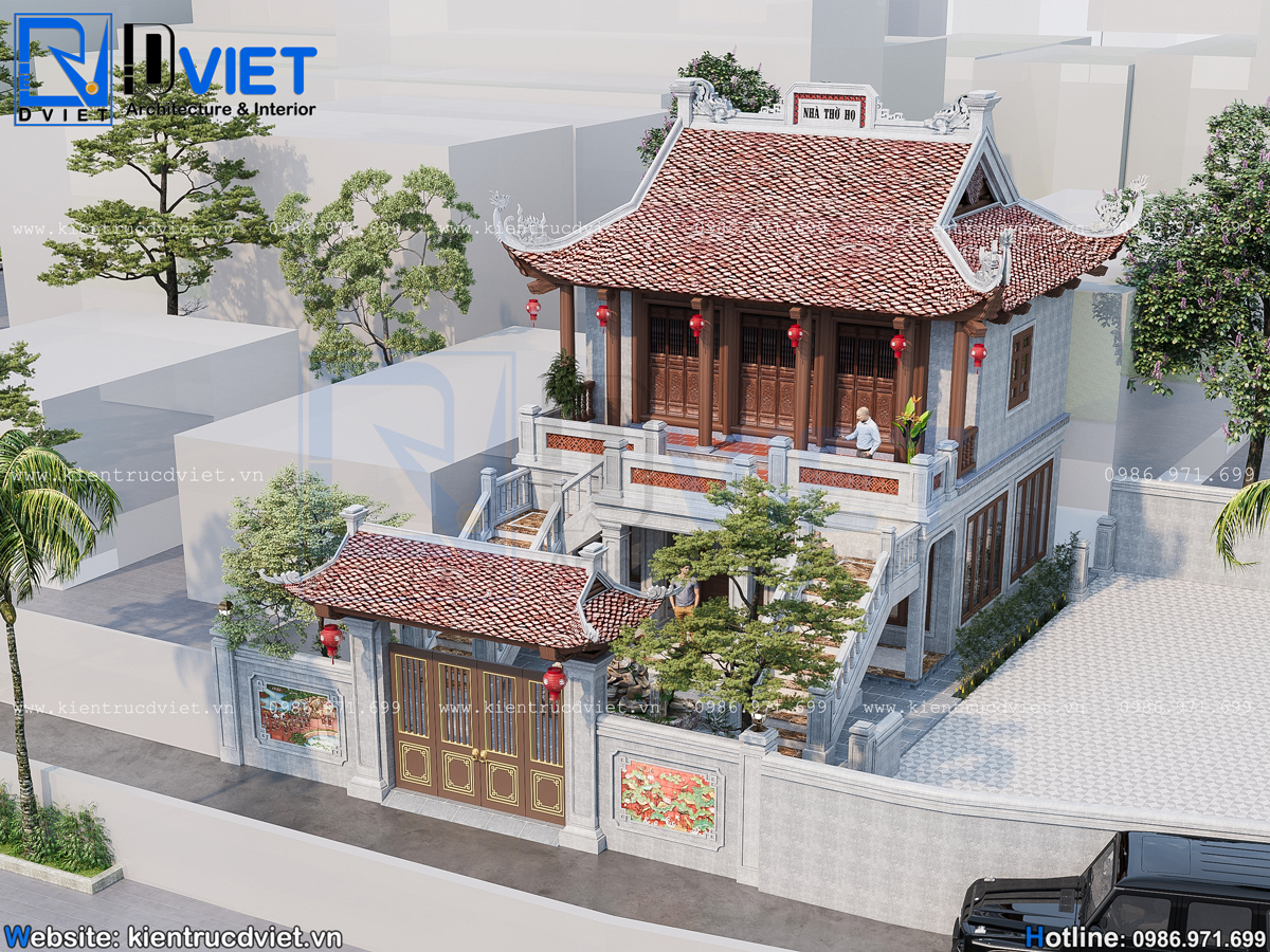 Thiết kế nhà thờ họ (từ đường) 2 tầng 3 gian 4 mái mặt tiền 8x9m tại quận Tây Hồ - Hà Nội (2)
