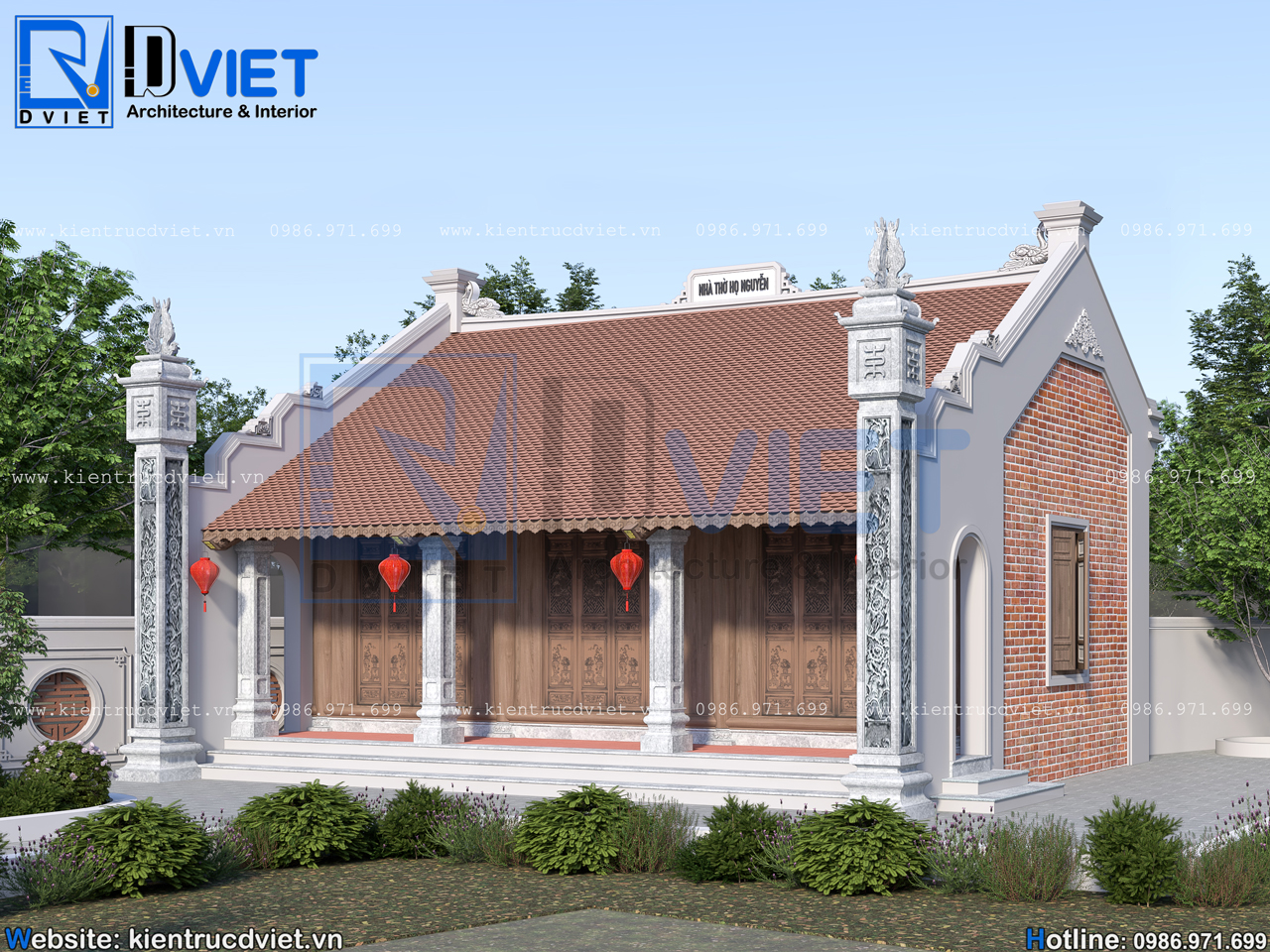 thiết kế nhà thờ họ (từ đường) 3 gian 2 mái bê tông giả gỗ 10,1x7,2m tại Thường Tín - Hà Nội (2)