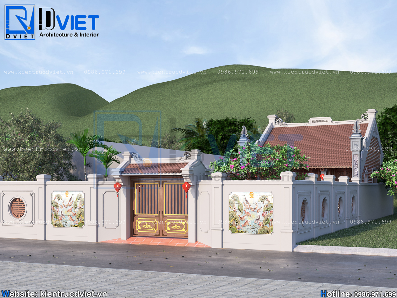 thiết kế nhà thờ họ (từ đường) 3 gian 2 mái bê tông giả gỗ 7,1x8,7m tại Phú Thọ (5)