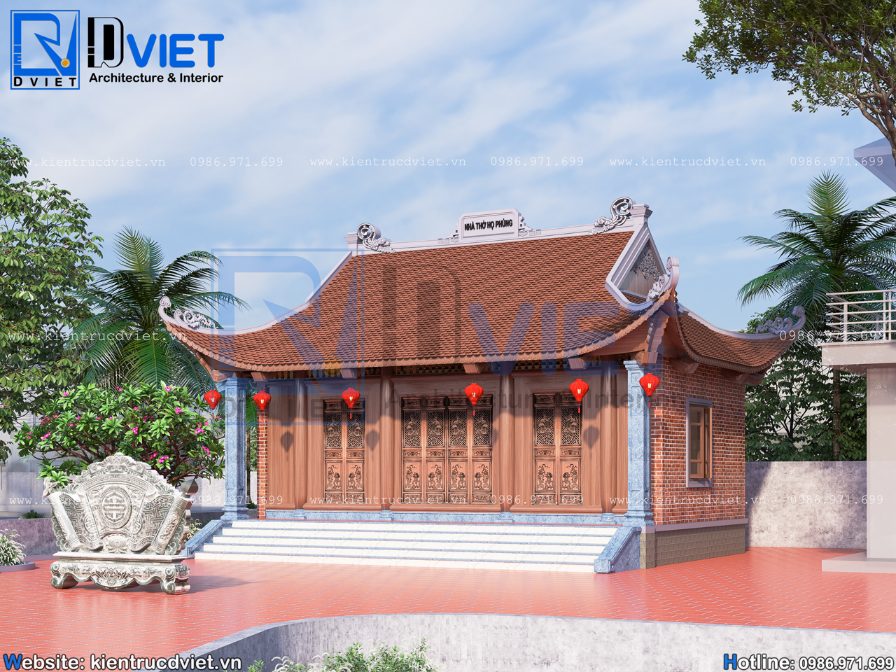 thiết kế nhà thờ họ (từ đường) 3 gian 4 mái đao bê tông giả gỗ 9,2x6m tại Ninh Giang - Hải Dương (4)