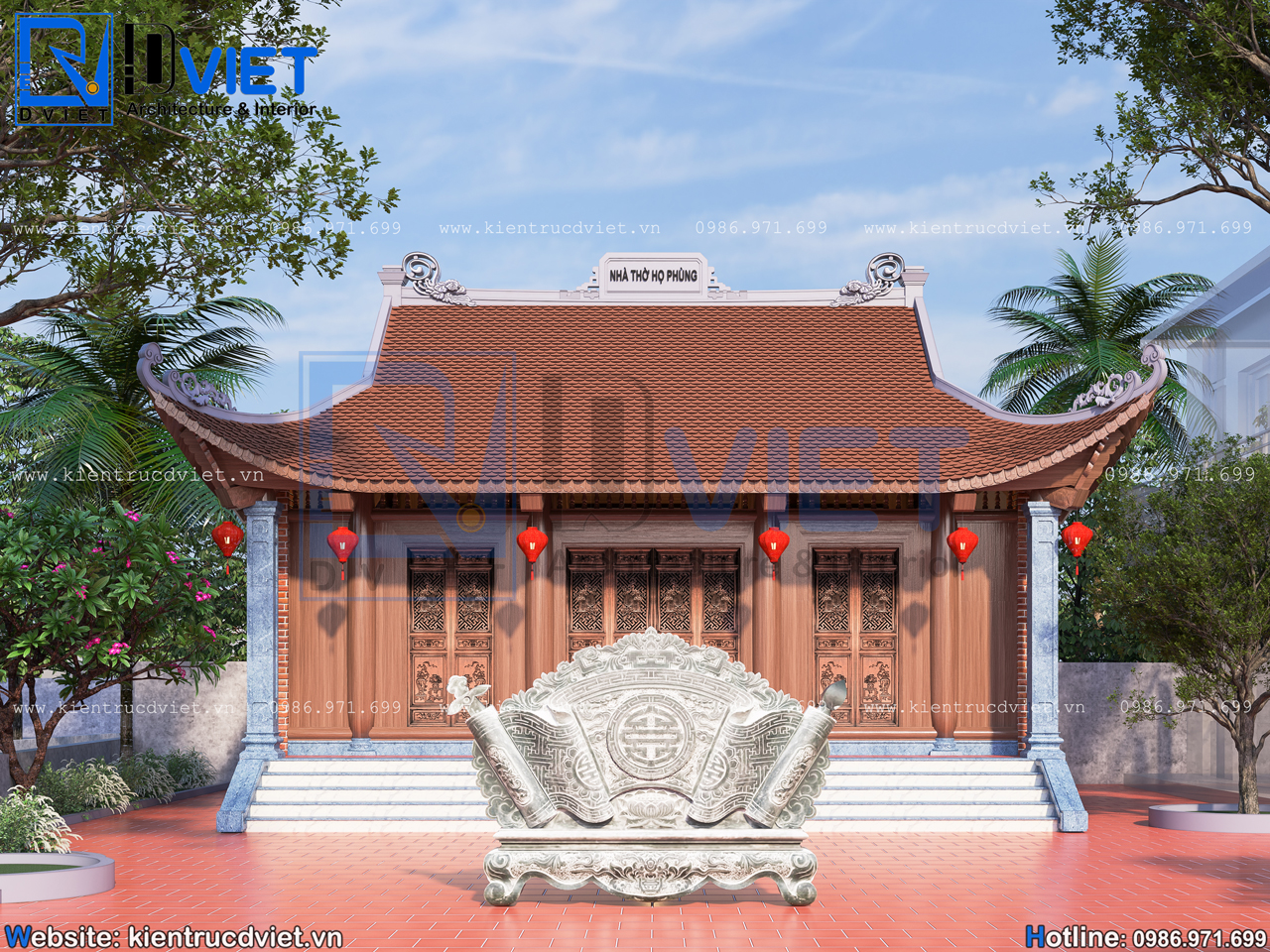 thiết kế nhà thờ họ (từ đường) 3 gian 4 mái đao bê tông giả gỗ 9,2x6m tại Ninh Giang - Hải Dương (5)