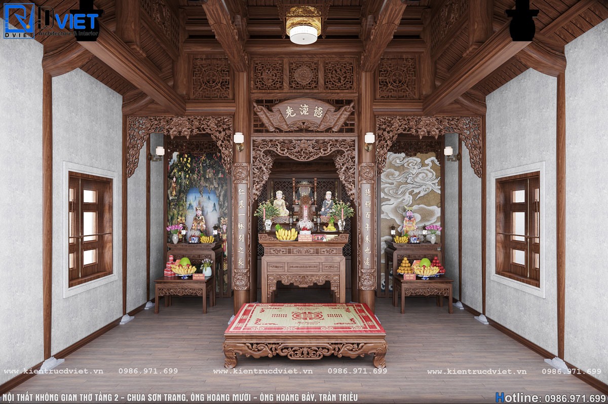 Thiết kế nội thất không gian thờ nhà thờ họ (từ đường) 2 tầng 3 gian 4 mái tại Hưng Yên (1)