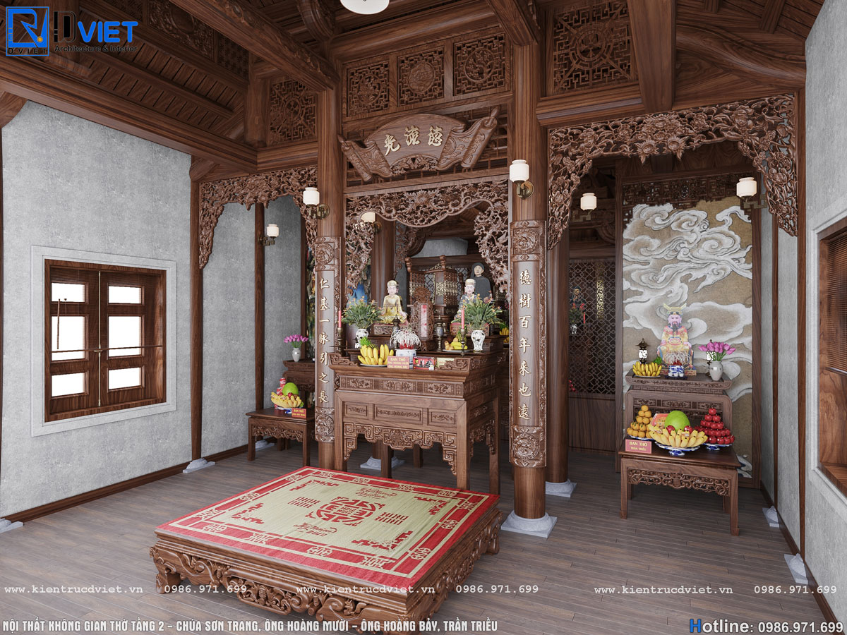 Thiết kế nội thất không gian thờ nhà thờ họ (từ đường) 2 tầng 3 gian 4 mái tại Hưng Yên (2)