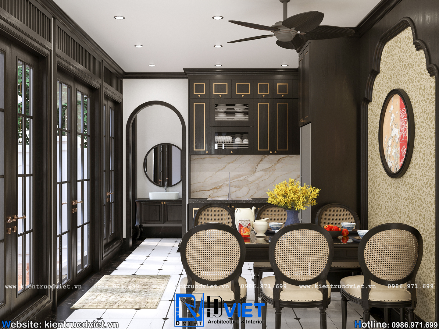 thiết kế nội thất bếp ăn indochina Đông Dương tầng 1 nhà thờ họ 2 tầng 3 gian 2 mái tại Hưng Yên (8)
