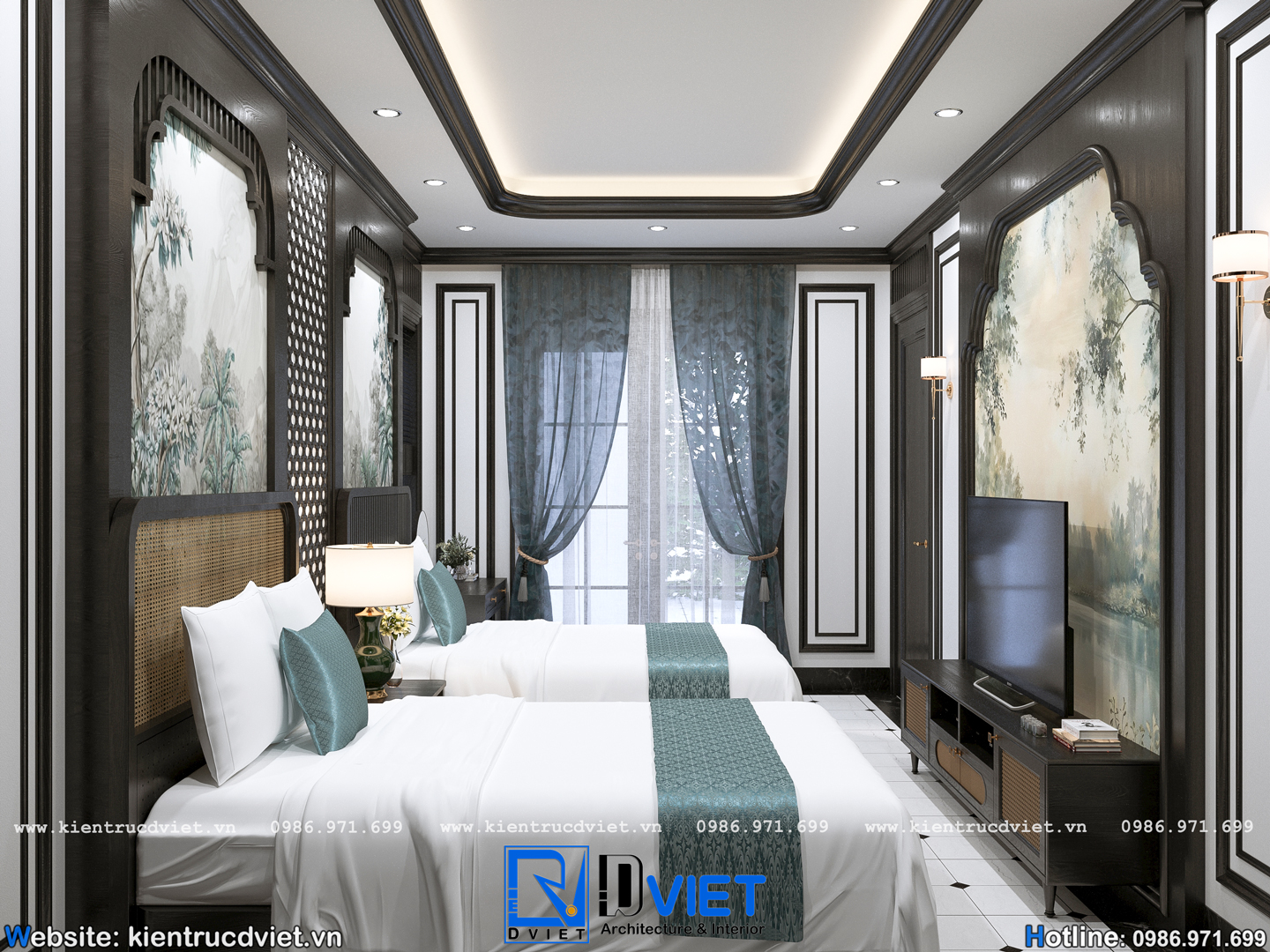 thiết kế nội thất phòng ngủ indochina Đông Dương tầng 1 nhà thờ họ 2 tầng 3 gian 2 mái tại Hưng Yên (9)