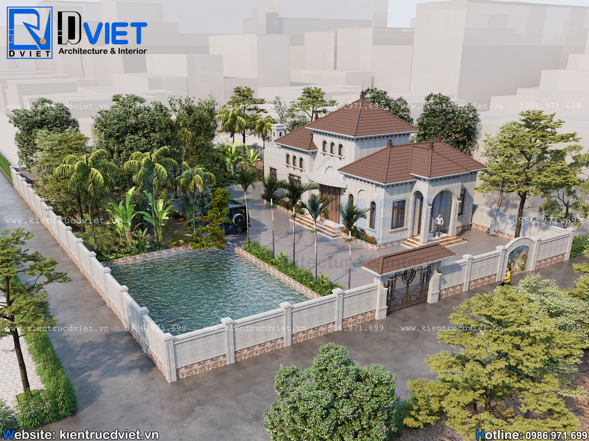 thiết kế biệt thự Địa Trung Hải 1 tầng mái Nhật 16x9m tại Hưng Yên (1)