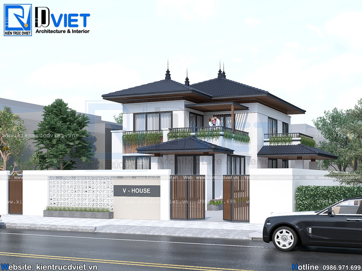 thiết kế biệt thự mái Nhật hiện đại 8x12,5m tại Hưng Yên