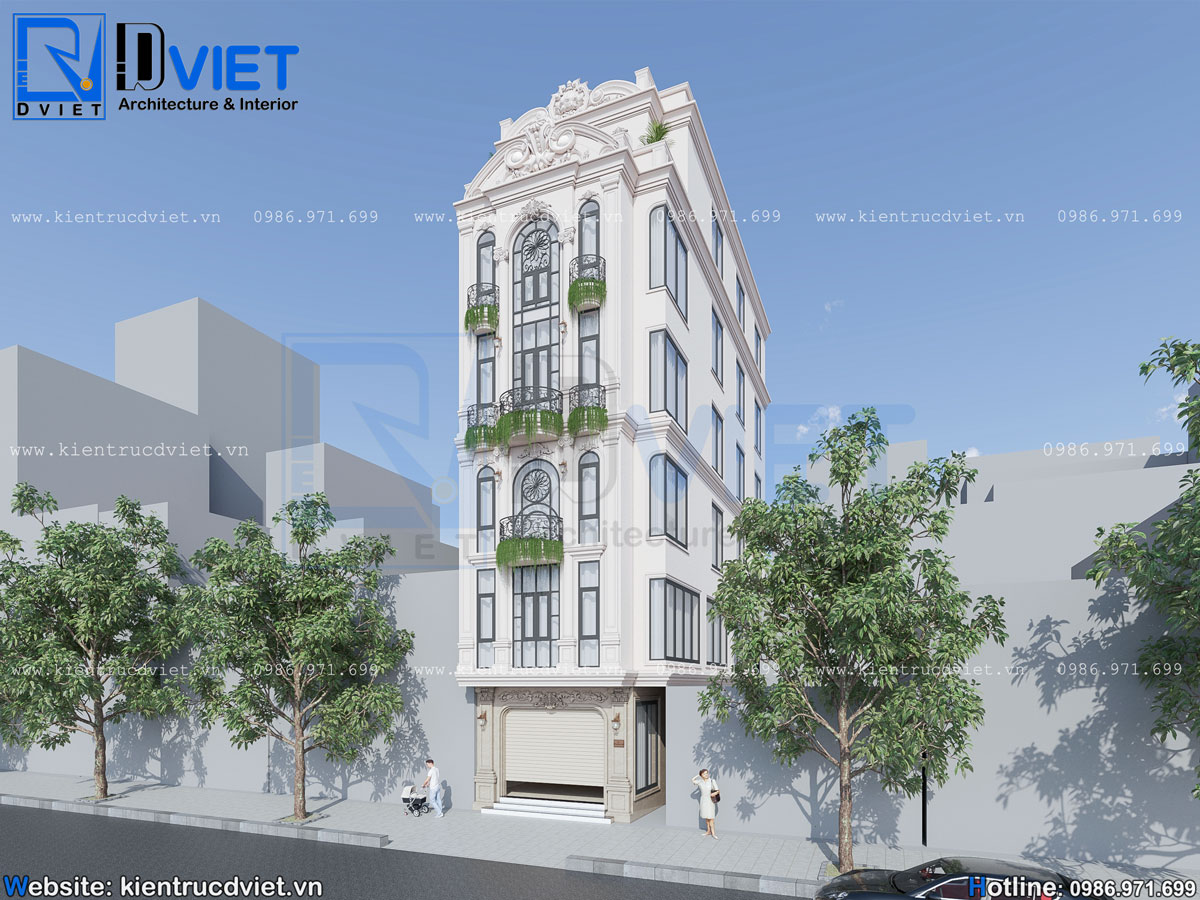thiết kế nhà ống (nhà phố) tân cổ điển 5 tầng 1 tum 5,5x18m tại Hà Nội (1) 