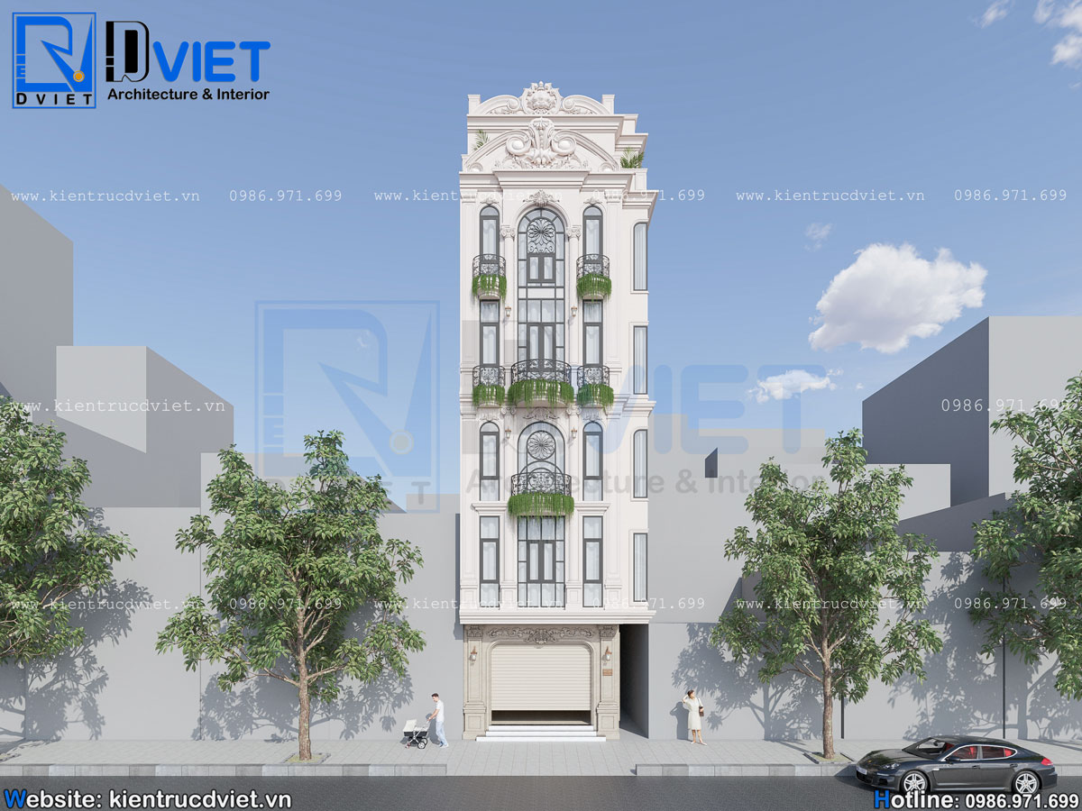 thiết kế nhà ống (nhà phố) tân cổ điển 5 tầng 1 tum 5,5x18m tại Hà Nội (2) 