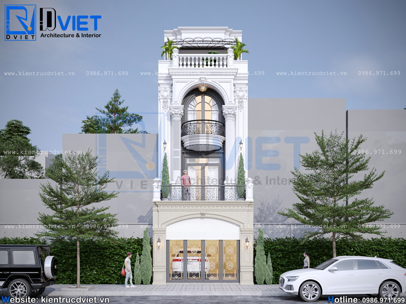 Thiết kế nhà ống (nhà phố) tân cổ điển 4 tầng 5x19m tại Mê Linh - Hà Nội NO 122