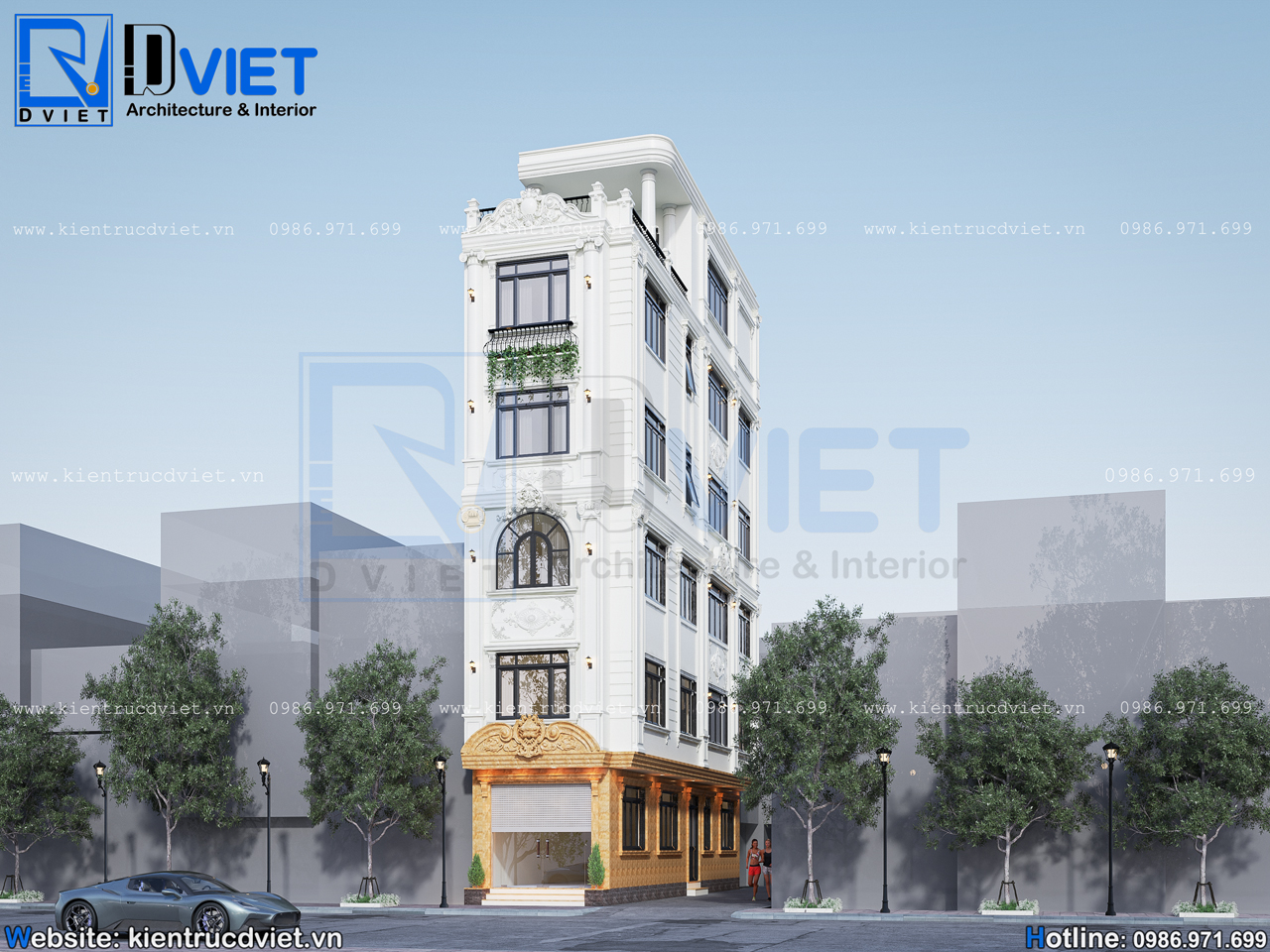 Thiết kế nhà ống (nhà phố) tân cổ điển 5 tầng 1 tum kết hợp kinh doanh 4x17m tại Hà Nội (1)