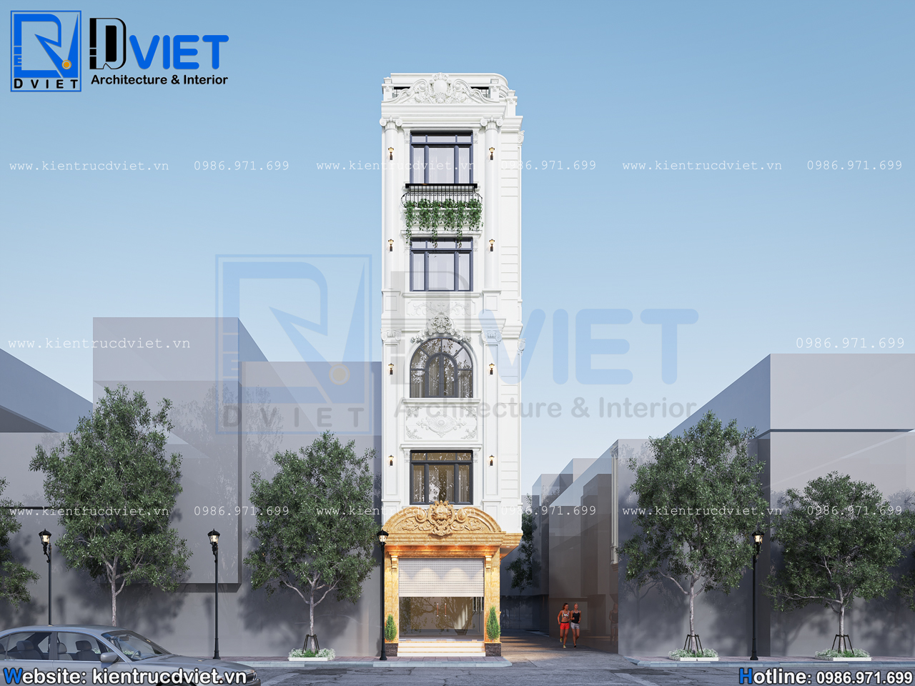 Thiết kế nhà ống (nhà phố) tân cổ điển 5 tầng 1 tum kết hợp kinh doanh 4x17m tại Hà Nội (2)